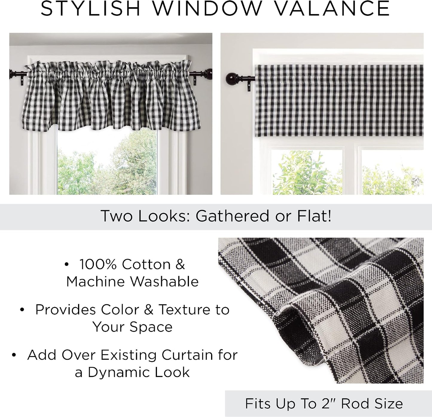 DII Window Valance Collection, 100% Cotton, Pre-Shrunk, Machine Washable, 2 Inch Curtain Rod Pocket, Single Panel, 72x14, Lemon Fresh Plaid