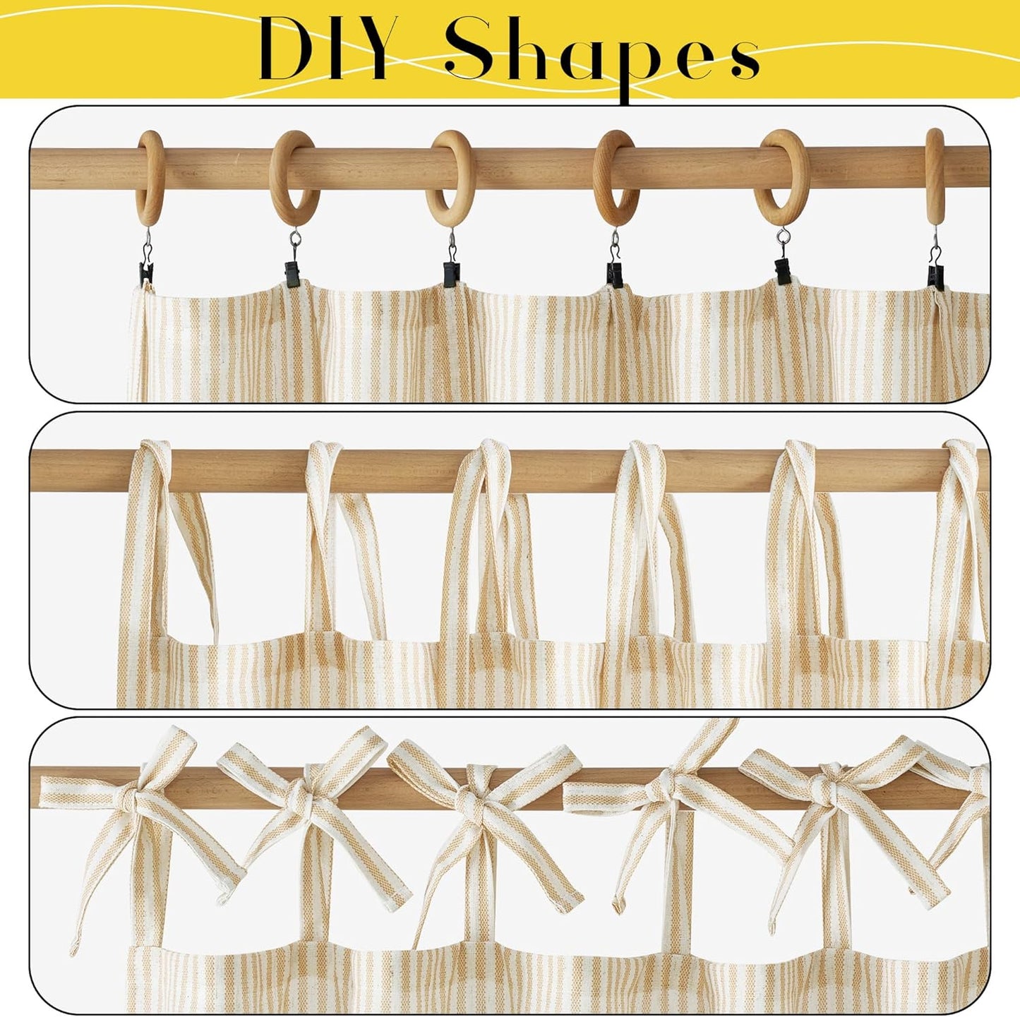 NICETOWN Cream Yellow Window Curtains for Bedroom, Tie Top Striped Print Thick Linen Light Filtering Window Treatments DIY Crafted Privacy for Kids Room, W52 x L84, 2 Panels