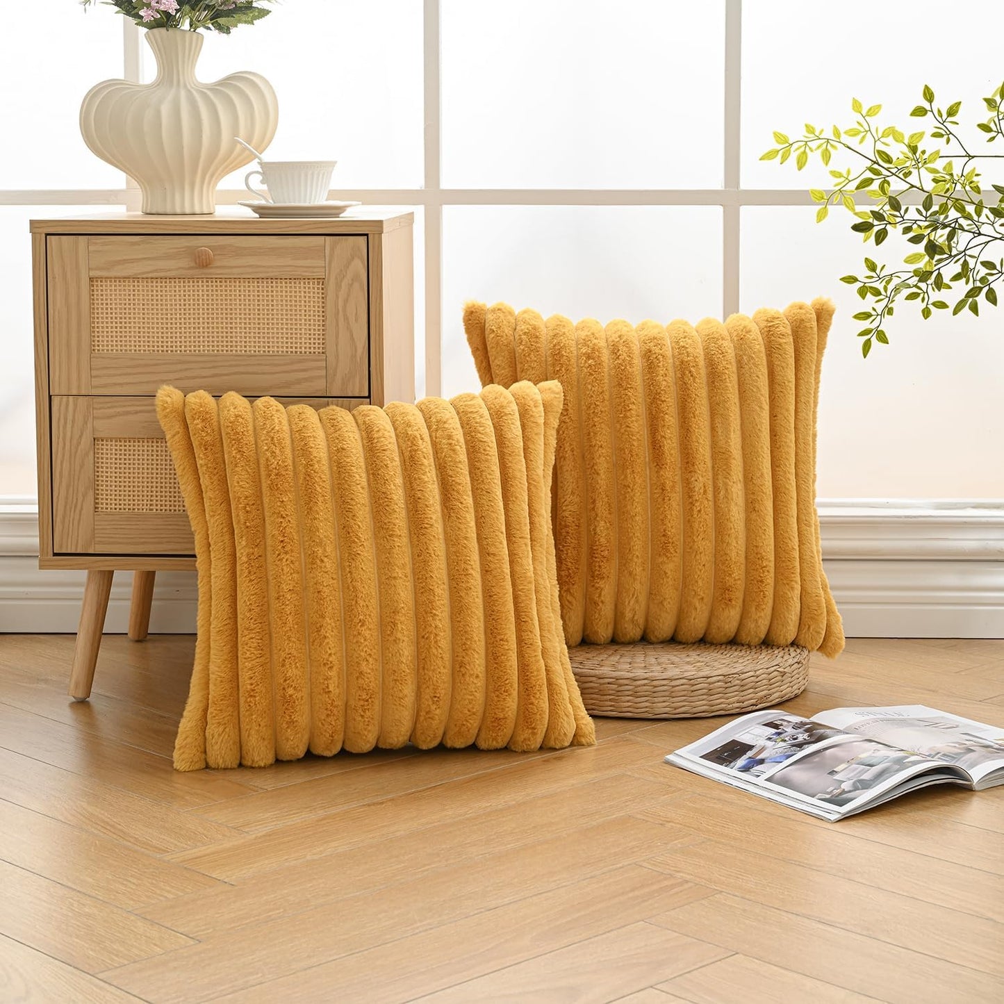 Volcanics Set of 2 Faux Fur Plush Decorative Throw Pillow Covers 18x18 Inches, Striped Cushion Cases Soft Fluffy Accent Pillowcases for Sofa, Couch and Bed, Mustard Yellow