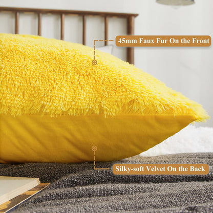 XeGe 12x20 Fluffy Faux Fur Lumbar Throw Pillow Covers Pack of 2, Shaggy Fuzzy Aesthetic Lumbar Pillowcases with Zipper, Plush Furry Long Pillow Cases Sleeping Kids Teens Adults Side Sleeper, Yellow