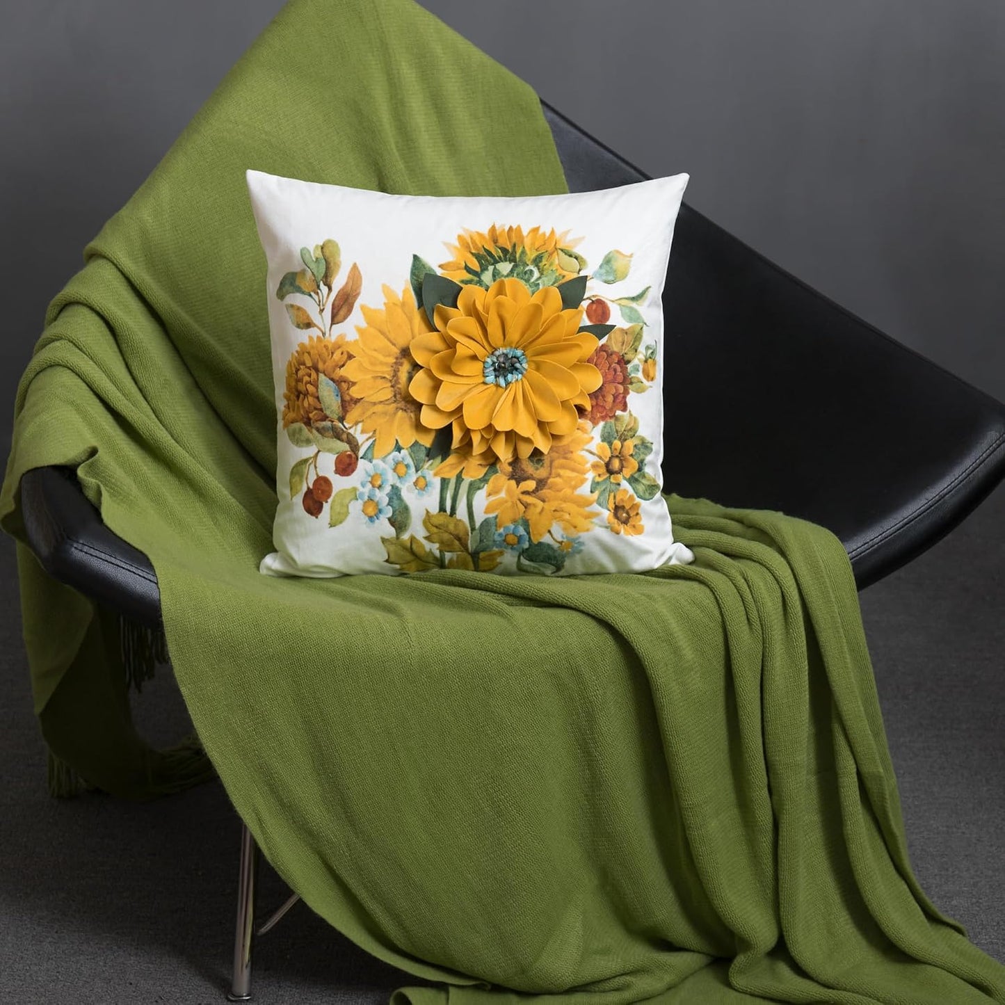 JWH 3D Sunflower Throw Pillow Cover 18x18 Inches White Yellow | Velvet, Handmade, Stereo Flower Design, Decorative Cushion Case, Bed Sofa Couch Home, Summer Pops