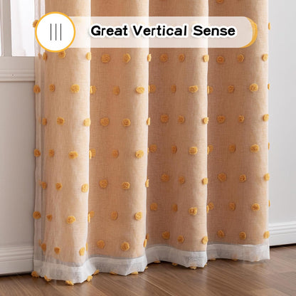 MYSKY HOME 90 Inches Long Living Room Curtains with Yellow Pom Pom Sheer Nursery Curtain Kids Blackout Drapes for Bedroom Double Layer Room Darkening Window Panels Grommet, Yellow, 52" Wide, 2 Pieces