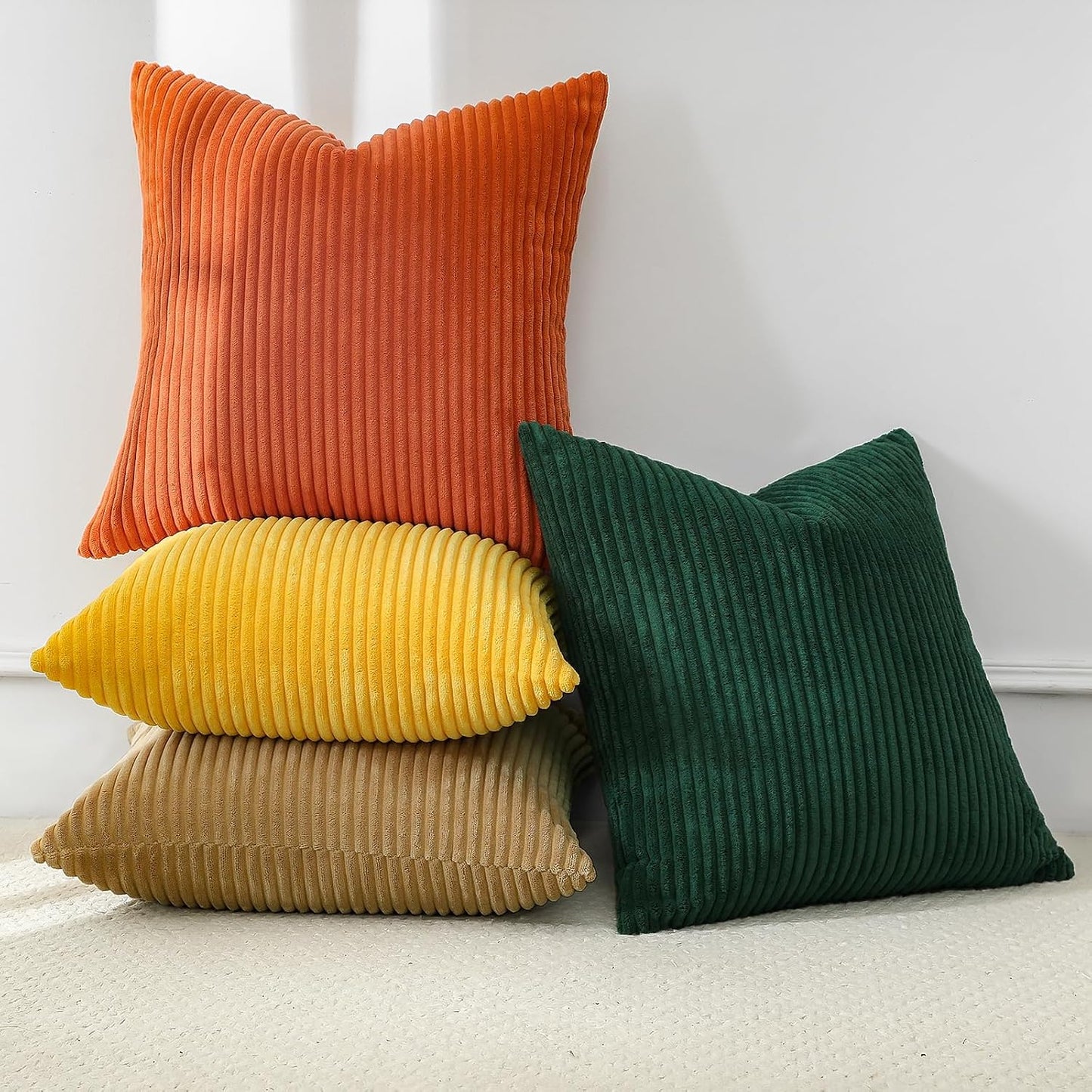 OTOSTAR Set of 4 Modern Decorative Throw Pillow Covers 18x18 Inch Soft Corduroy Boho Farmhouse Cushion Covers Mix and Match Square Pillowcase for Home Couch Bed Decor (Brown Yellow Orange Green)