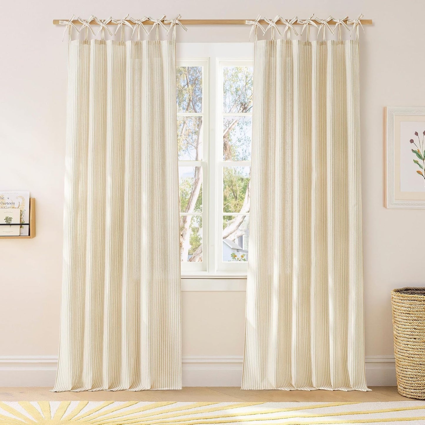 NICETOWN Cream Yellow Window Curtains for Bedroom, Tie Top Striped Print Thick Linen Light Filtering Window Treatments DIY Crafted Privacy for Kids Room, W52 x L84, 2 Panels