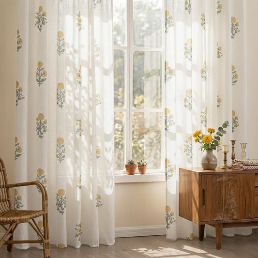 Yellow Floral Spring Curtains for Living Room, 84 Inch Flower Patterned Linen Semi Sheer Light Filtering Pinch Pleated Drapes, Mustard Yellow Green Pastel Window Panels for Bedroom Dining Room, 84" L