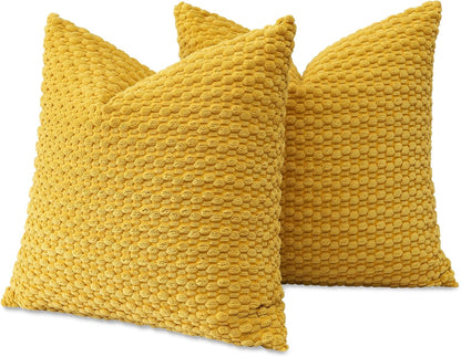 OTOSTAR Pom Poms Decorative Corduroy Throw Pillow Covers 16x16 Inch Super Soft Boho Striped Square Cushion Covers Case Geometric for Sofa Couch Bedroom Car Decor Set of 2, Yellow