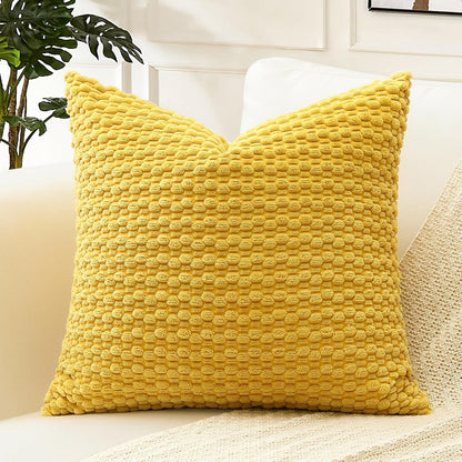 OTOSTAR Pom Poms Decorative Corduroy Throw Pillow Covers 22x22 Inch Super Soft Boho Striped Square Cushion Covers Case Geometric for Sofa Couch Bedroom Car Decor Set of 1, Yellow