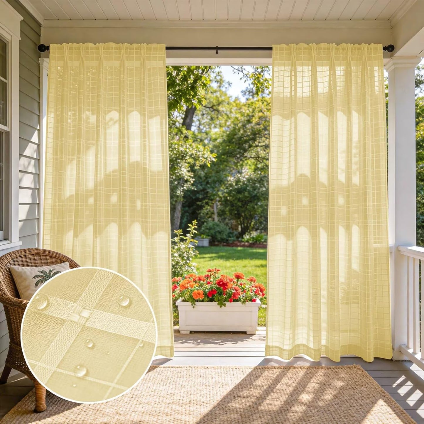 2 Panels Outdoor Sheer Curtains for Patio, Jacquard Check Curtains for Patio Waterproof, Indoor Outdoor Drapes for Gazebo Pergola Balcony Pool Spa (Yellow, 52 x 84 inch)