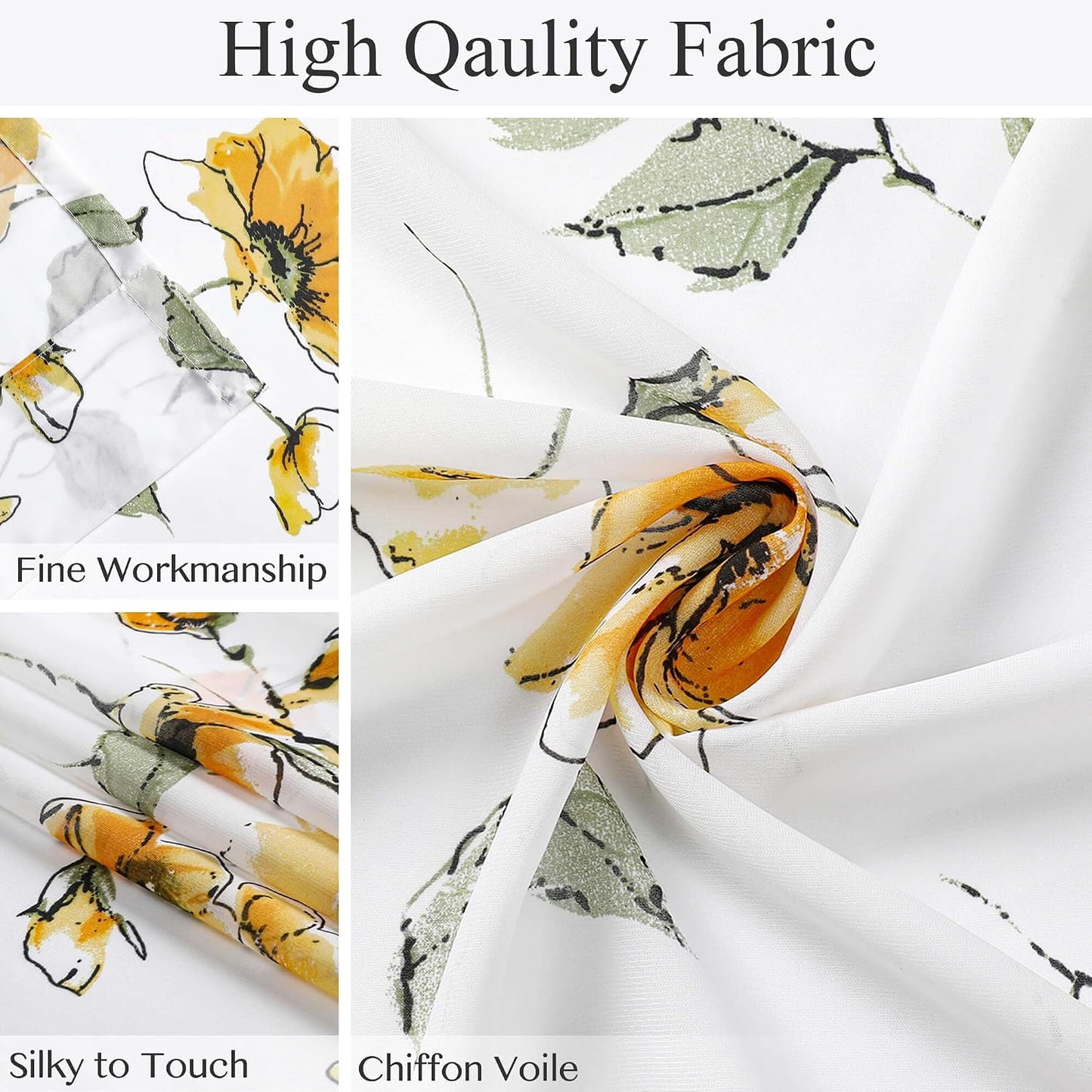 Yellow Floral Sheer Curtains 84 inches Long for Living Room, Silky-Smooth Chiffon Privacy Semi Sheer Drapes Chinoiserie WildFlower Patterned Window Curtains 2 Panel Sets for Bedroom, Yellow and White