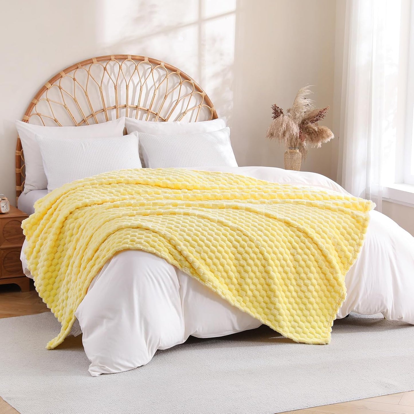 Bright Yellow Fleece Throw Blanket 50”×60” for Couch Sofa Bed | Super Soft Cozy Plush Microfiber Flannel Blanket with 3D Jacquard Lightweight for Mom Woman