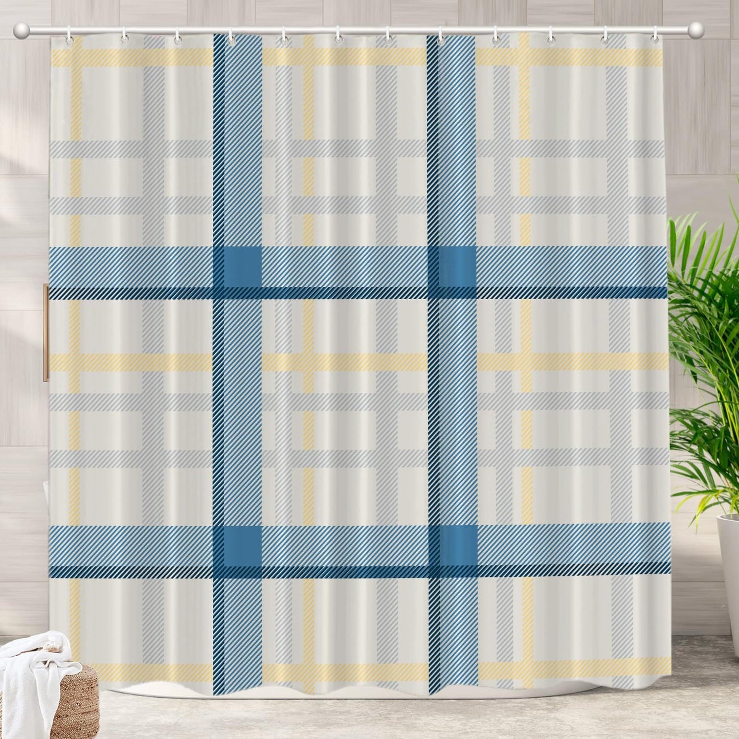 Batmerry Plaid Blue Decor Shower Curtain, Yellow Gingham Check Plaid Pattern Bathroom Decor Polyester Fiber Plastic Rings Quick-Drying Waterproof for Bathtubs/Bathroom, 72X72 Inches