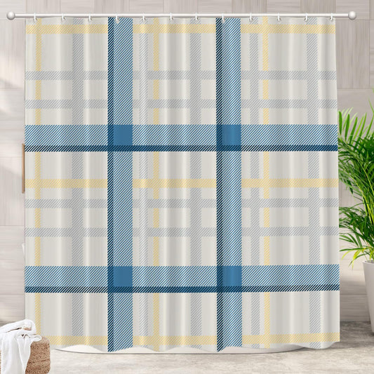 Batmerry Plaid Blue Decor Shower Curtain, Yellow Gingham Check Plaid Pattern Bathroom Decor Polyester Fiber Plastic Rings Quick-Drying Waterproof for Bathtubs/Bathroom, 72X72 Inches