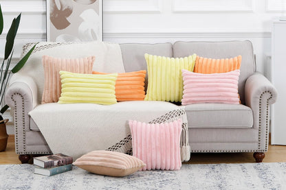 MADIZZ Set of 2 Faux Wool Plush Decorative Throw Pillow Covers 18x18 Inch Yellow Fluffy Striped Soft Decorative Cushion Cover for Sofa Bedroom Pillow Shell