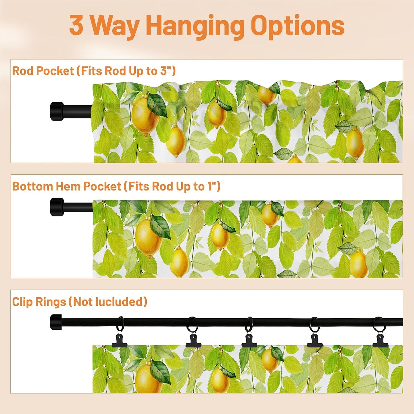 Green Leaves Lemon Valance for Windows,Window Treatment Curtains Rod Pocket Sheer Small Short Valance for Kitchen Bathroom Laundry Basement,42Wx12L inch,Watercolor Yellow