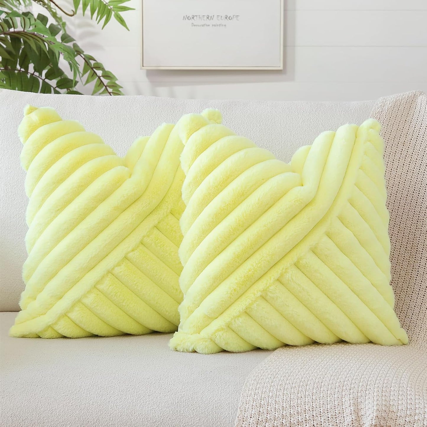 OTOSTAR Faux Fur Plush Throw Pillow Covers 16 x 16 Inch Fuzzy Soft Striped Decorative Velvet Pillow Case Couch Home Decor Pillow Covers for Sofa Bed Living Room Set of 2 (Lemon Yellow)