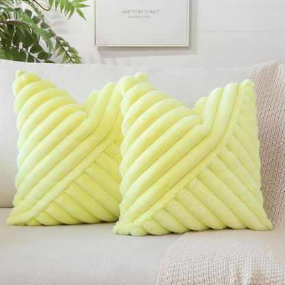 OTOSTAR Faux Fur Plush Throw Pillow Covers 16 x 16 Inch Fuzzy Soft Striped Decorative Velvet Pillow Case Couch Home Decor Pillow Covers for Sofa Bed Living Room Set of 2 (Lemon Yellow)