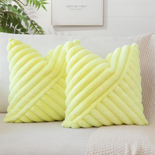 OTOSTAR Faux Fur Plush Throw Pillow Covers 16 x 16 Inch Fuzzy Soft Striped Decorative Velvet Pillow Case Couch Home Decor Pillow Covers for Sofa Bed Living Room Set of 2 (Lemon Yellow)