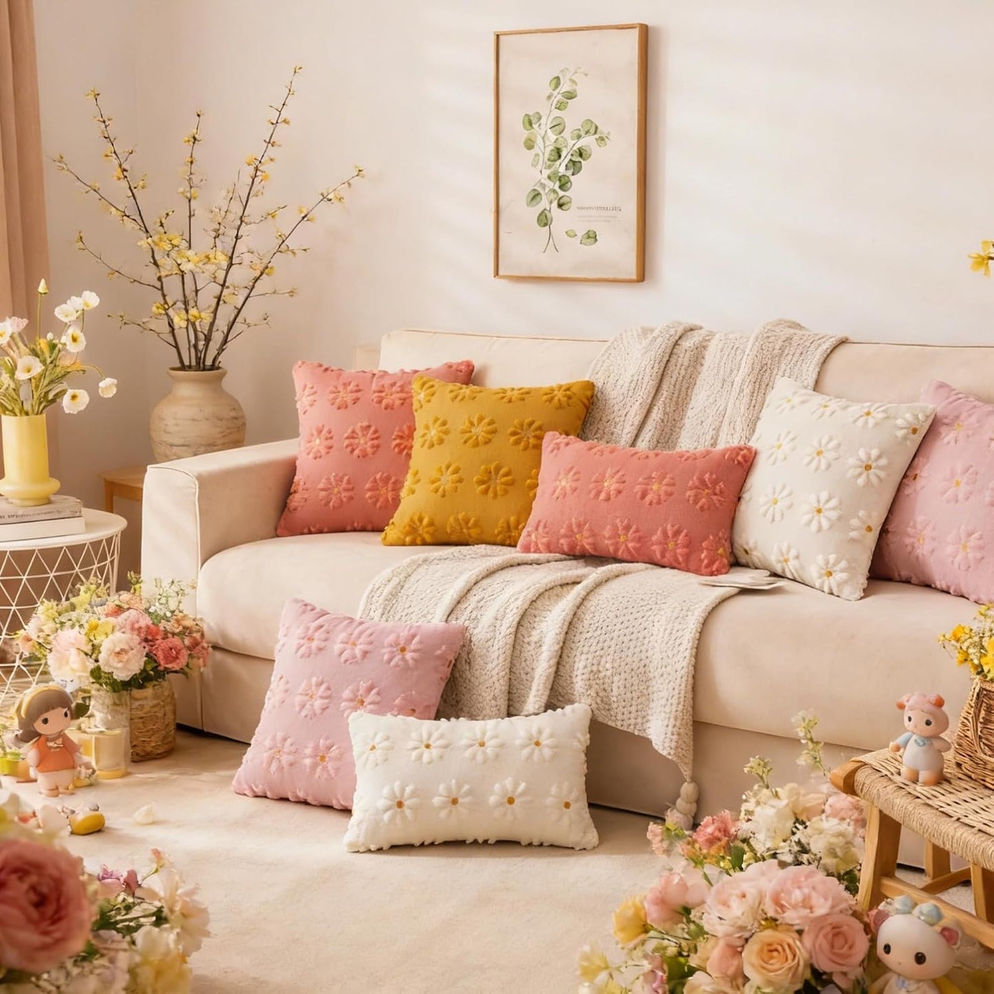 AQOTHES Spring Summer Yellow Throw Pillow Covers 12x20 inch Set of 2 Flower Floral Faux Fur Cute Throw Pillows for Sofa Couch Living Room Decor