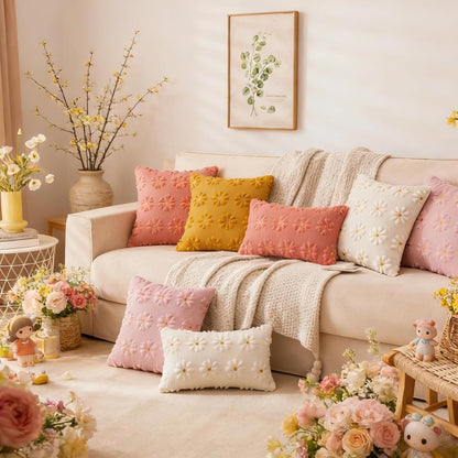 AQOTHES Spring Summer Yellow Throw Pillow Covers 12x20 inch Set of 2 Flower Floral Faux Fur Cute Throw Pillows for Sofa Couch Living Room Decor