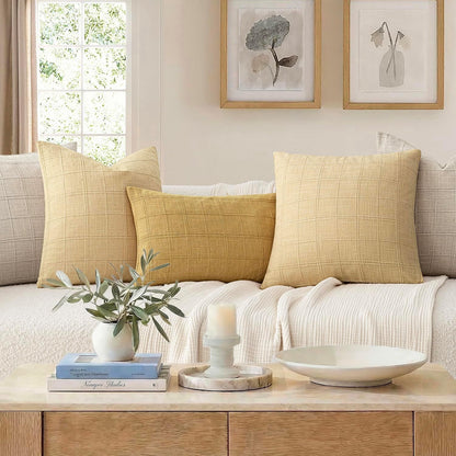 Foindtower Set of 1 Decorative Linen Check Throw Pillow Cover Neutral Farmhouse Lumbar Cushion Cover Modern Boho Accent Home Decor for Sofa Chair Couch Bedroom Living Room,12×20 Inch,Light Yellow