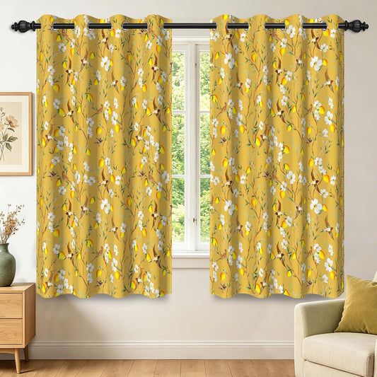 Mustard Yellow Boho Floral 90% Blackout Curtains for Living Room Botanical Lemon Hummingbird Printed Curtain for Bedroom Vintage Grommet Privacy Room Darkening Window Drapes 2 Panels, 52"x 63"
