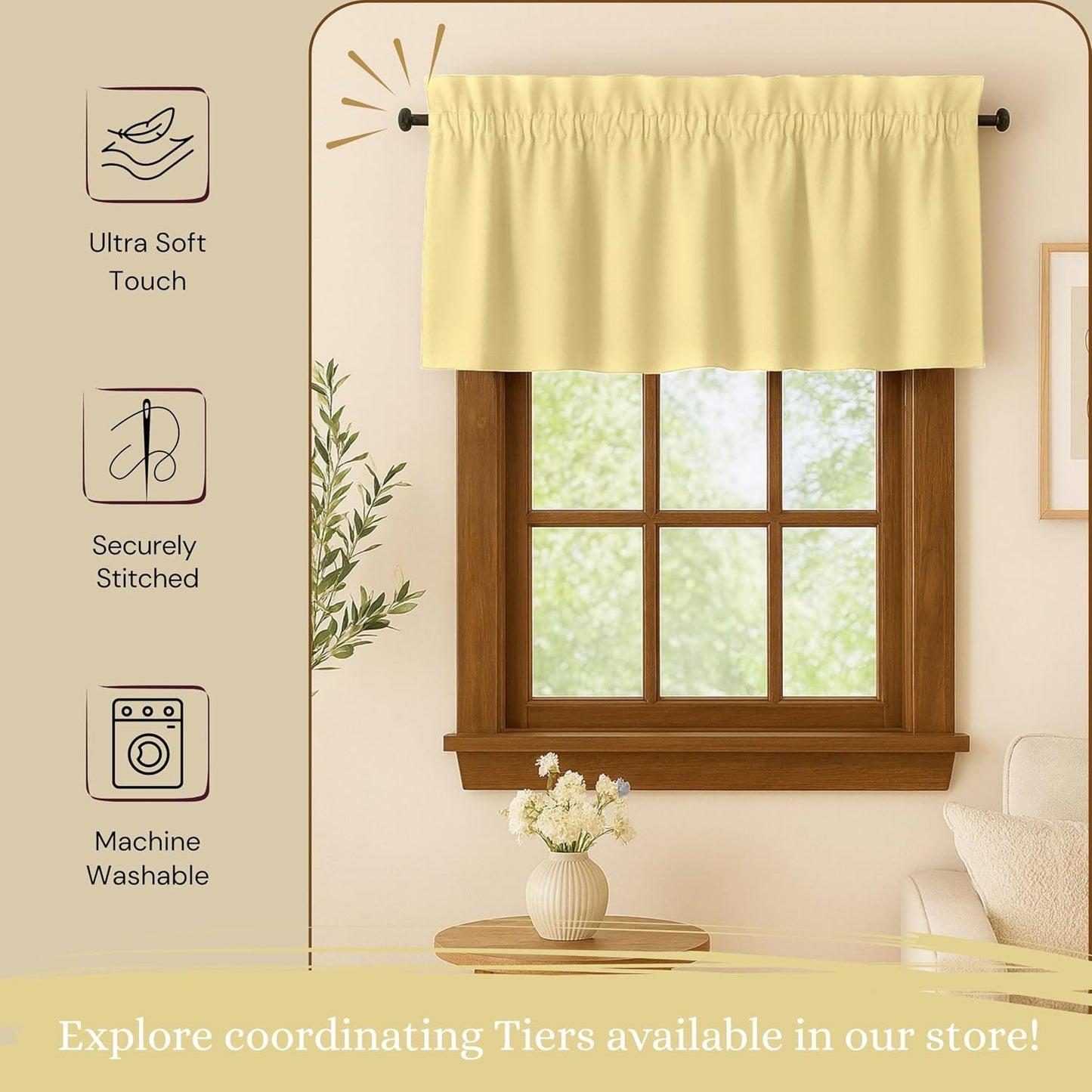 Pale Yellow Valance Curtains 2 Pack, 54x18 Inches, 100% Cotton, Rod Pocket Window Valances, Semi Sheer Short Curtain for Kitchen, Farmhouse, Café, Bedroom, Bathroom, Living Room Décor