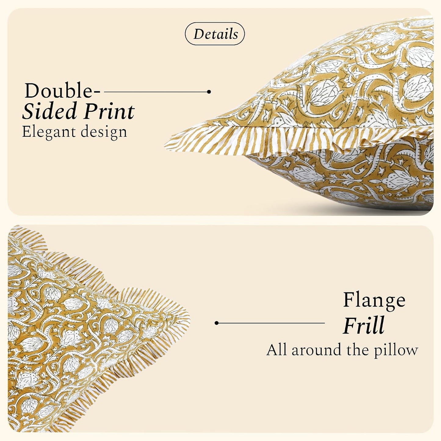 CPC Block Print Ruffle Throw Cover Mustard Regal 18"x18" Inch Pack of 2-100% Cotton Ruffle Couch Decorative Boho Pillows Case for Living Room, Bedroom, Sofa, Farmhouse Gift for Spring, Mother's Day