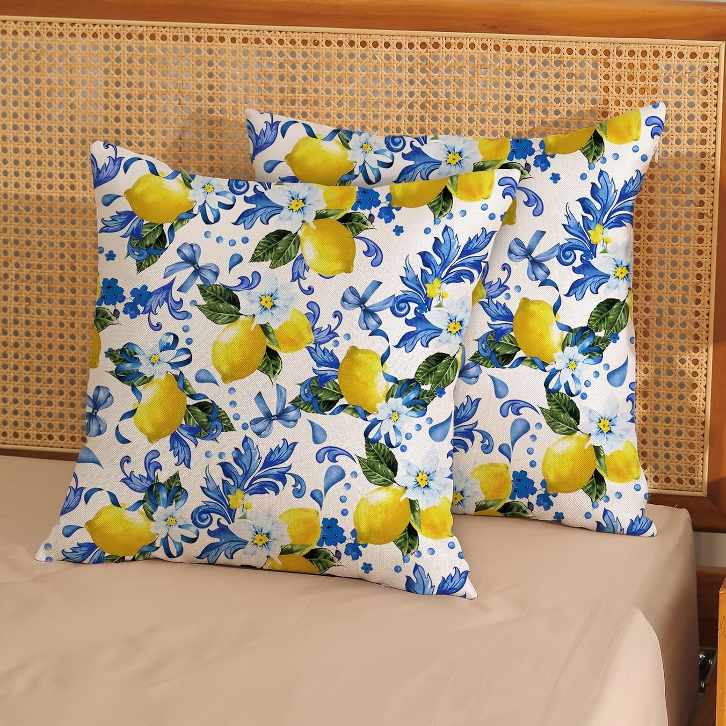 Spring Pillow Covers 18x18 Pack of 2 Blue Yellow Lemon Floral Throw Pillow Covers Outdoor Summer Seasonal Flower Decor Pillowcase Farmhouse Decorative Square Cushion Case for Home Couch
