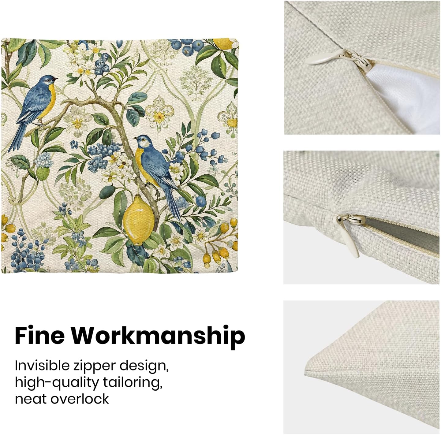 Chinoiserie Blue and Green Floral Bird Pillow Covers 18x18 Set of 2, Yellow Lemon Flower Summer Decorative Throw Pillows Farmhouse Linen Outdoor Cushion Case for Home Couch Sofa Decor