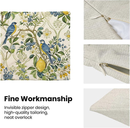 Chinoiserie Blue and Green Floral Bird Pillow Covers 18x18 Set of 2, Yellow Lemon Flower Summer Decorative Throw Pillows Farmhouse Linen Outdoor Cushion Case for Home Couch Sofa Decor