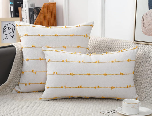 NUYECY Set of 2 Boho Throw Pillow Covers 18x18,Beige Yellow Neutral Couch Pillow Case with Tassel Fringe Decorative，Modern Accent Farmhouse Cushion Covers for Sofa Couch Bed Living Room