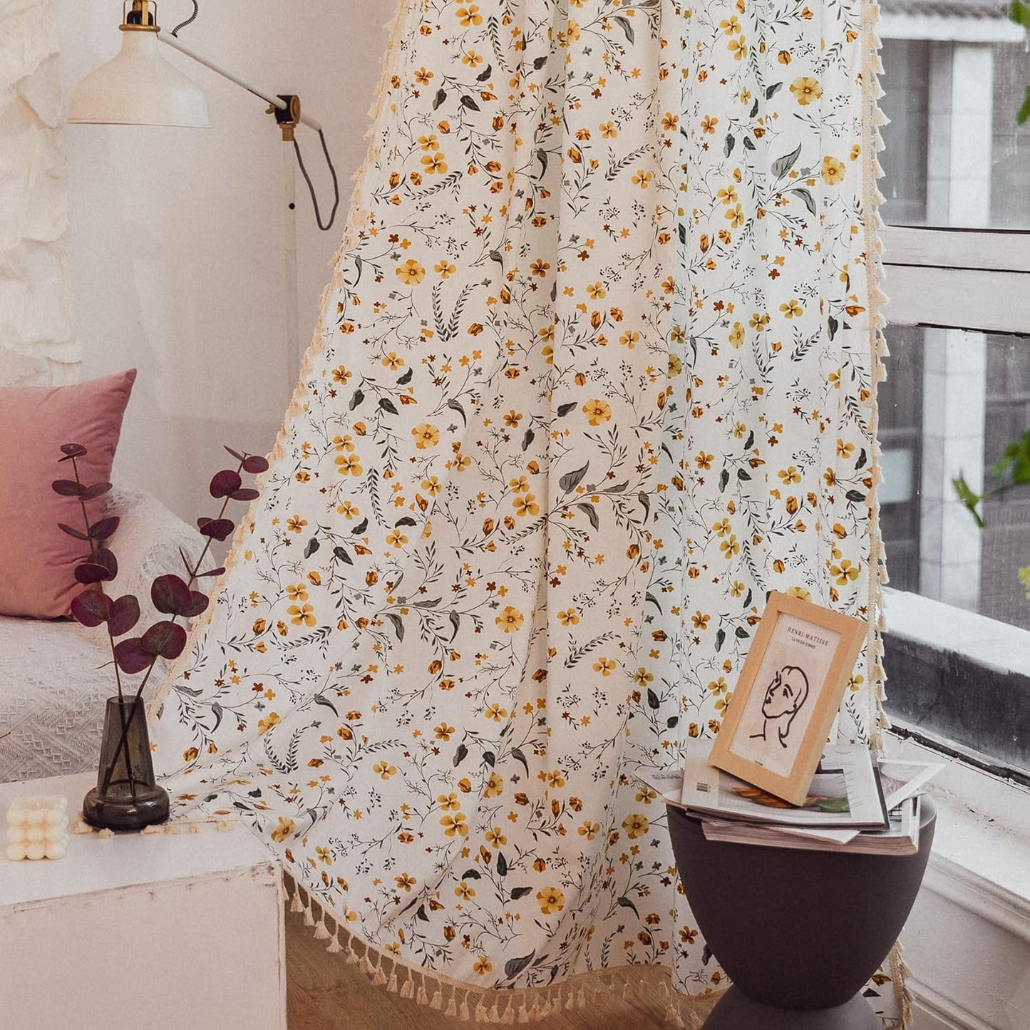 Sutuo Home Boho Curtain Semi-Blackout Yellow Florals Print Cotton Linen Fabric, Handmade Tassels Rod Pocket Bohemian Farmhouse Country Window Drapes for Living Bedroom, 59" W x 84" L, 1 Panel