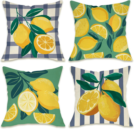Fahrendom Lemon Decorative Throw Pillow Covers 18 x 18 Set of 4, Yellow Green Citrus Fruit Porch Patio Outdoor Pillowcase, Summer Buffalo Plaid Stripes Farmhouse Sofa Couch Cushion Case Home Decor