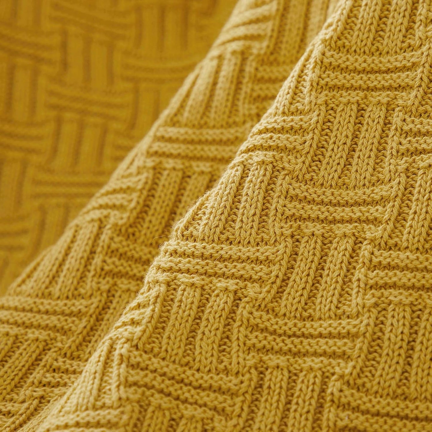 Cotton Mustard Yellow Knit Throw Blanket for Couch Sofa Beach Chair Bed Home Decorative Soft Warm Cozy Cable Lightweight Knitted Blankets,50 x 60 Inch, 2.2 Pounds