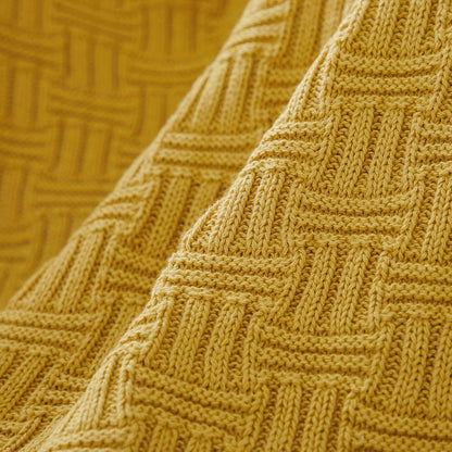 Cotton Mustard Yellow Knit Throw Blanket for Couch Sofa Beach Chair Bed Home Decorative Soft Warm Cozy Cable Lightweight Knitted Blankets,50 x 60 Inch, 2.2 Pounds