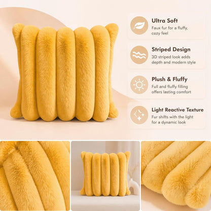 Faux Fur Throw Pillow Covers 20x20 Inch Yellow, Pack of 2 | Soft Stripe Quilted Plush Cushion Cases with Invisible Zipper for Couch Living Room Sofa Bedroom Decor & Farmhouse Aesthetic