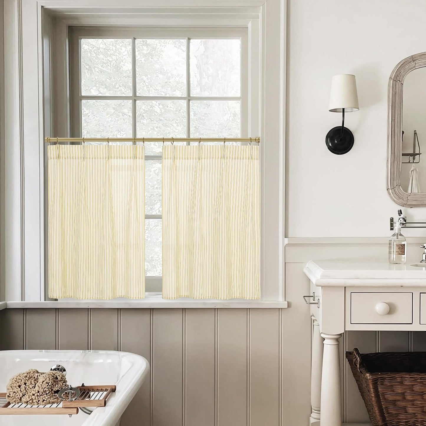 Light Pale Yellow Kitchen Curtains,Sunflower or Lemon Decor Retro Farmhouse Striped Patterned Printed Spring Curtains for Living Room Bathroom Window Curtain
