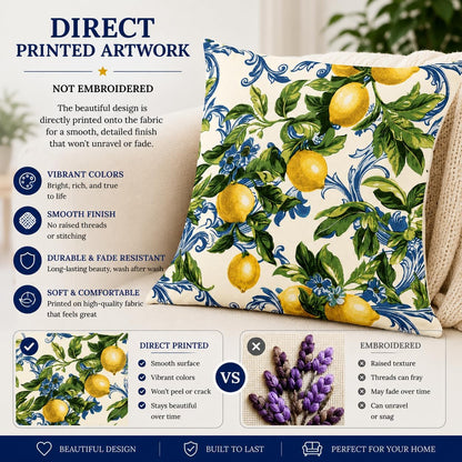 Lemon Throw Pillow, 18x18 Inch Decorative Pillow with Insert Included, Mediterranean Citrus Botanical Accent Pillow, Farmhouse Home Decor Cushion for Sofa Couch Bed (LS-008)