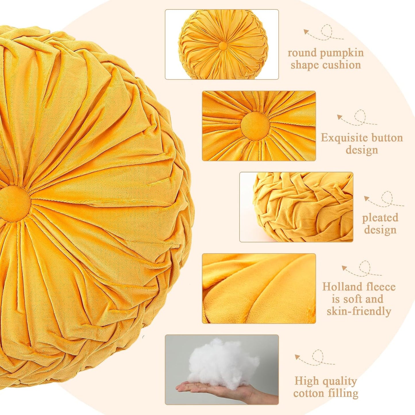 Drydiet 1 Pcs Round Throw Velvet Pillows Decorative Pleated Throw Pillows Diameter Accent Pumpkin Boho Chair Cushion for Couch Sofa Home Decoration (Yellow,15'')