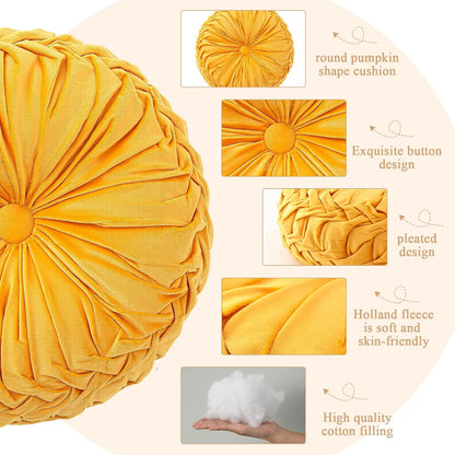 Drydiet 1 Pcs Round Throw Velvet Pillows Decorative Pleated Throw Pillows Diameter Accent Pumpkin Boho Chair Cushion for Couch Sofa Home Decoration (Yellow,15'')