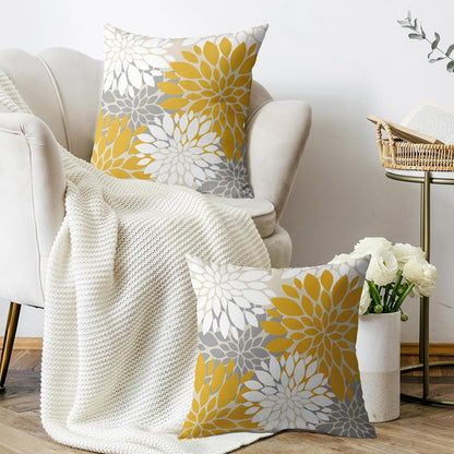 Yellow White Grey Gray Pillow Covers 18X18 Inch Set of 2, Modern Geometry Dahlia Floral Print Decorative Throw Pillow Covers Outdoor Farmhouse Cushion Case for Home Couch Sofa Bed Decoration