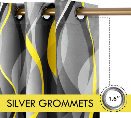 weesire Yellow and Grey Blackout Curtains Modern Striped Decorative 100% Light Blocking Darkening Grommet Yellow Curtain for Living Room Villa, Bedroom Gray and White 2 Panels Set, 52x84 Inches