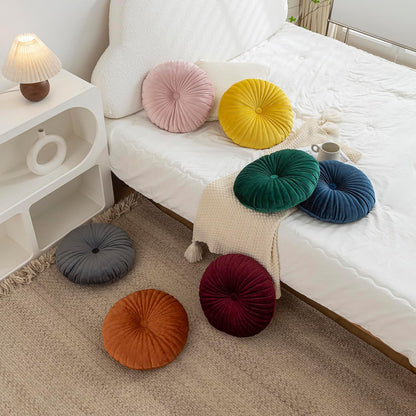 Teieas Velvet Round Throw Pillow Pleated Round Pillow Cushion Decoration for Couch Chair Bed Car Yellow