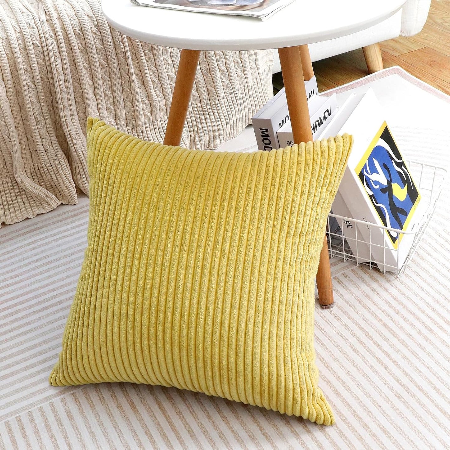 Thmyo Pack of 2 Corduroy Soft Decorative Throw Pillow Covers Striped Square Cushion Cases Pillowcases for Sofa Couch Bed Chair Home Decoration, 18x18 inch/45x45 cm, Yellow