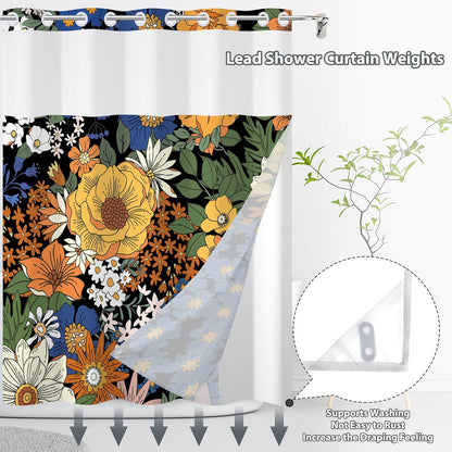 No Hook Shower Curtain,Dark Boho Flower Double-Layered Shower Curtain with Snap-in Liner and Weights,Yellow Blue Flower Floral Fabric Bath Curtain with See Through Mesh, 71x74in