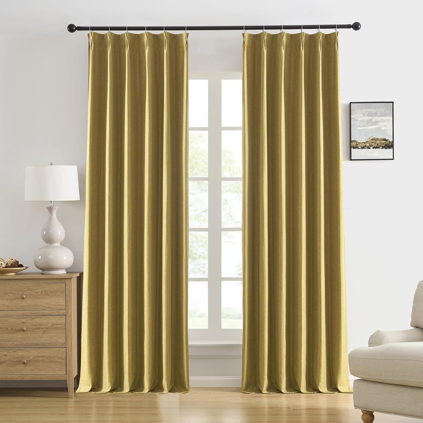 DUALIFE Mustard Yellow Pinch Pleated Blackout Curtains 108 Inches Long, Back Tab with Hooks, Linen Full Black Out Thermal Insulated Track Curtain for Bedroom Living Room,40 W x 108 L, 2 Panels