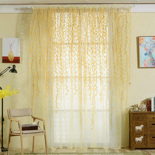 Ufurty 2-Piece Willow Leaf Window Curtains - Voile Tulle Sheer Room Drapes, Yellow, for Living Room, Bedroom, Balcony