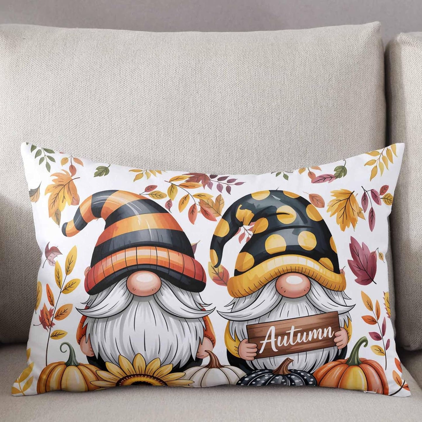 Yellow Orange Gnomes Fall Throw Pillow Cover 12x20,Pumpkins Thanksgiving Leaves Floral Decorative Reversible Pillowcase with Zipper for Sofa Couch Bed,Lightweight Pillow Sham Cushion Case Protectors