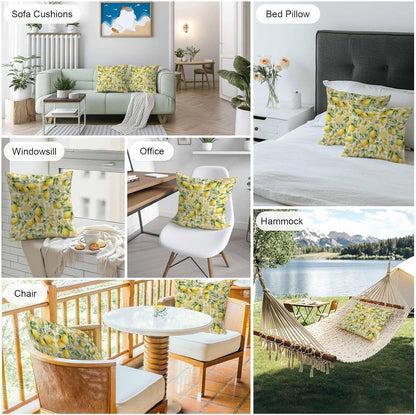 Outdoor Pillow Covers 18x18 Pack of 2, Summer Lemon Country Leaves Decorative Pillow Cover Waterproof Pillowcase, Yellow White Buffalo Check Farmhouse Cushion Covers for Garden Patio Sofa Couch Bench