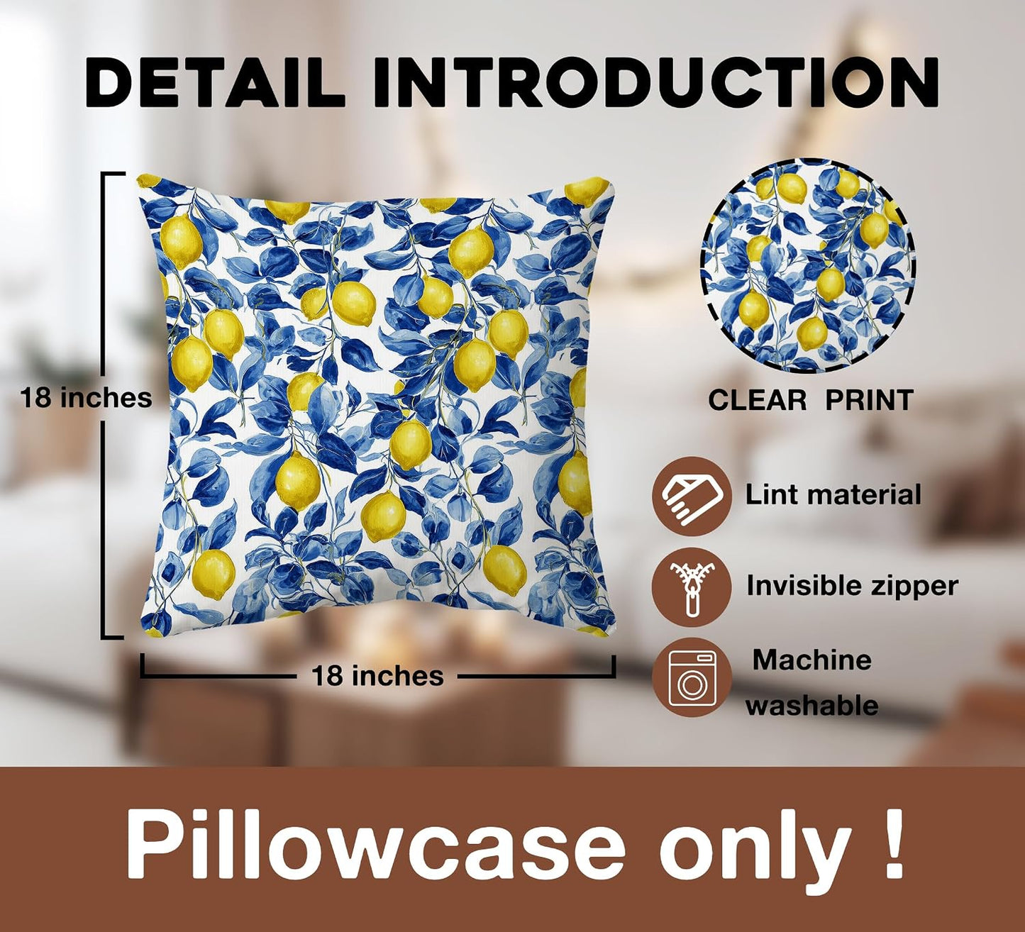 huester Mediterranean Lemon Pillow Cover 18x18, Lemon Gifts for Women, Blue and White Botanical Summer Fruit Decorative Throw Pillow Cover Pillowcases for Home Bedroom Living Room Decor